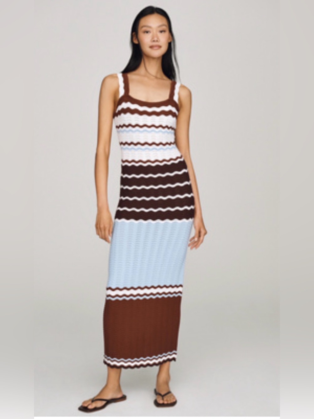 English Factory Brown, Light Blue & White Striped Sleeveless Knit Maxi Dress